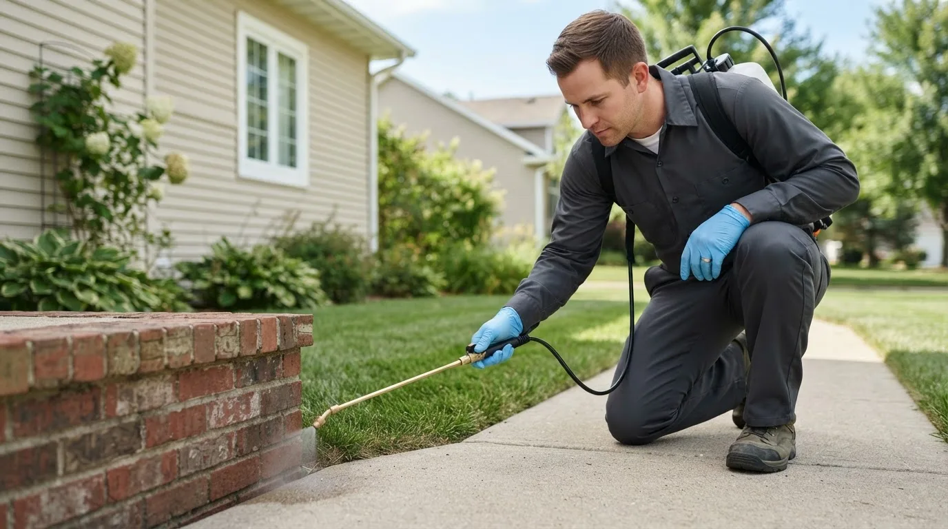 Pest control technician treating a home near Yadkinville, NC